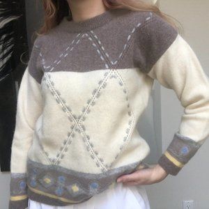 Vintage Cottagecore Brown and Cream Geometric Crewneck Sweater Size L